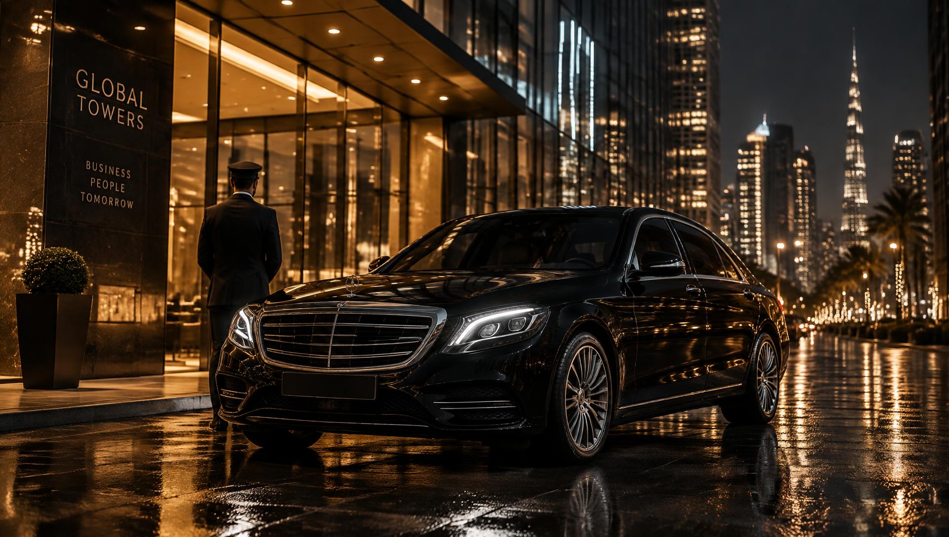 Sedan executivo preto em frente a um edifício de vidro à noite