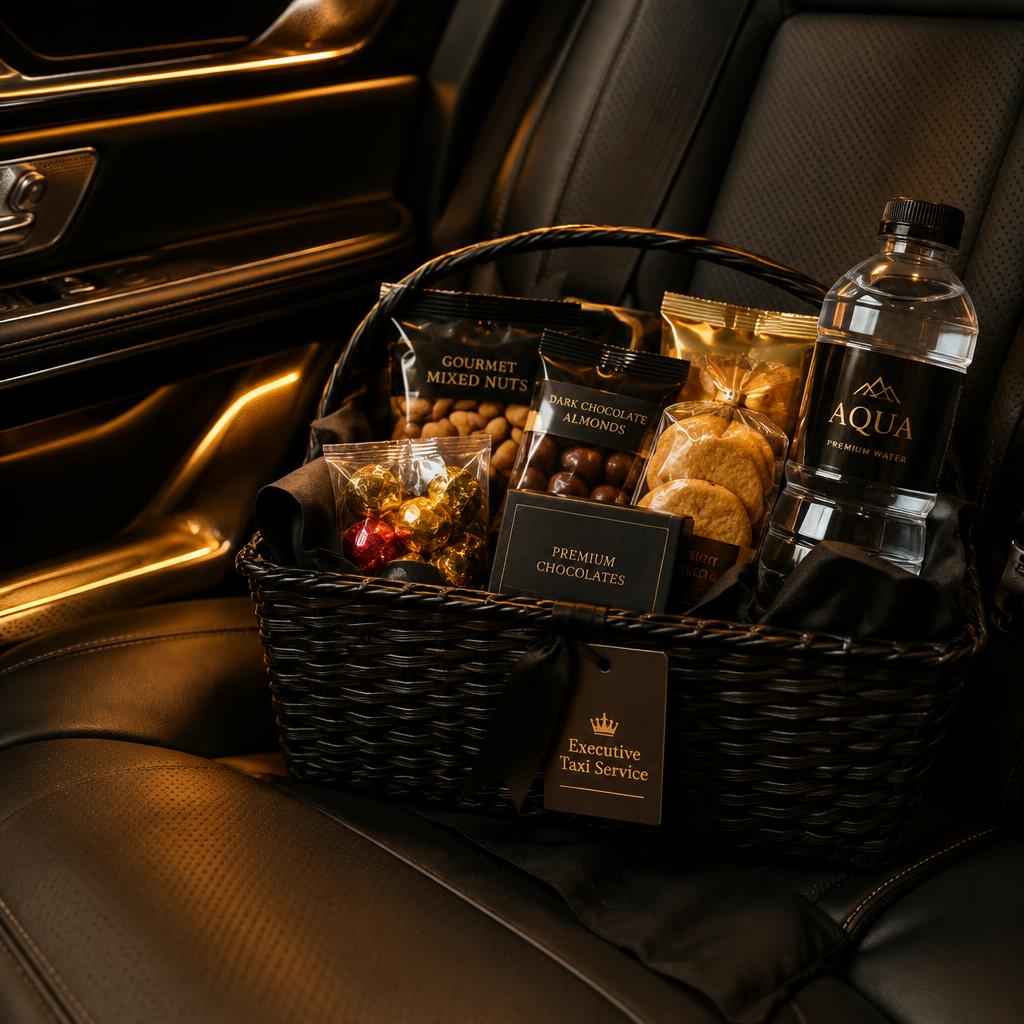 Cesta de serviço de bordo com snacks, bala e água no carro